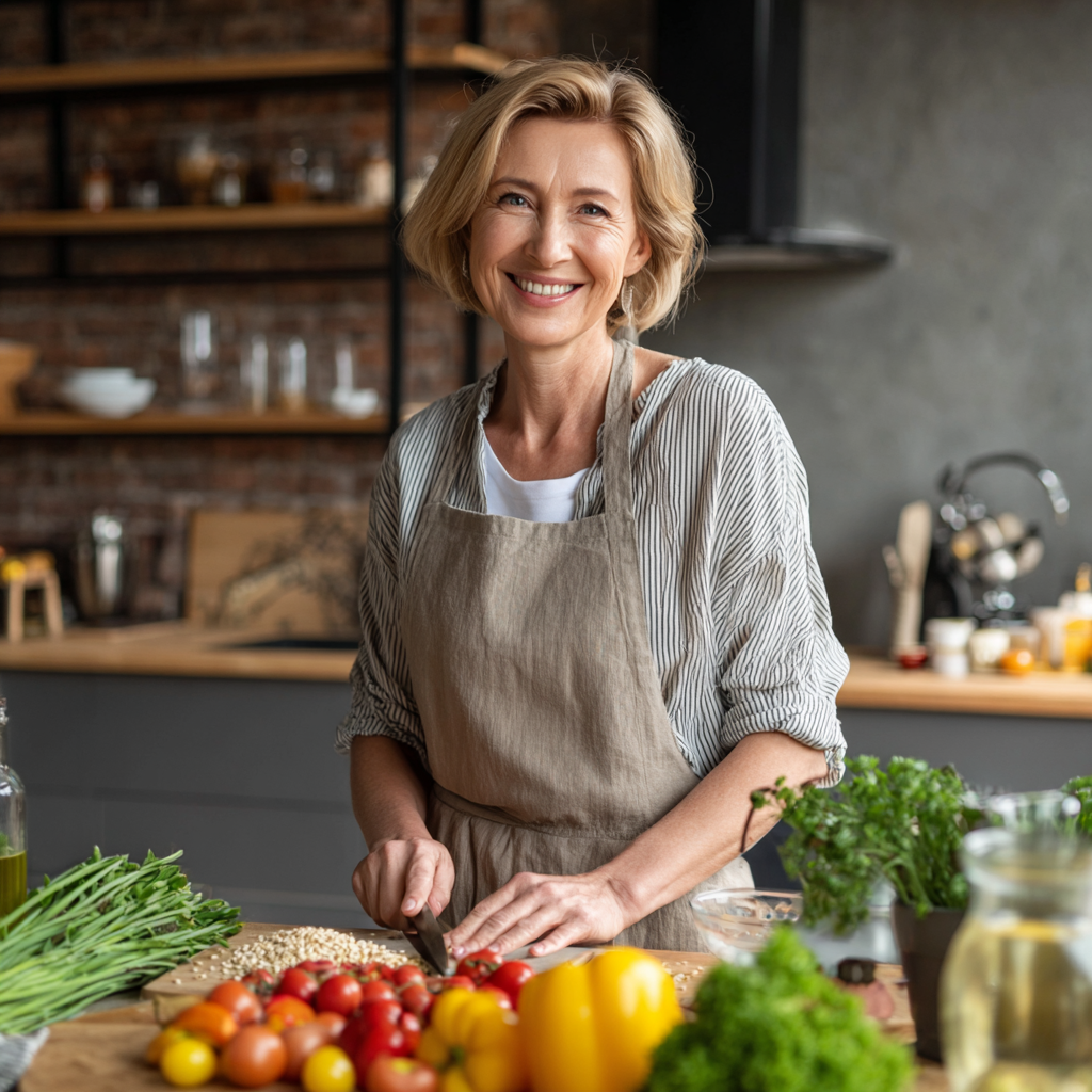 Happy middle-aged Ukrainian woman enjoying a nutritious meal at home, smiling while eating colorful healthy food